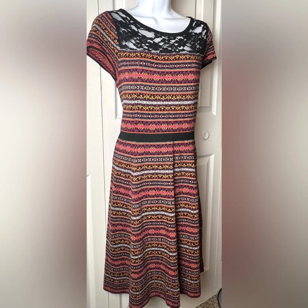 SPARROW Anthropologie Sweater Dress Boho Lace Cap Sleeve Orange Black Large